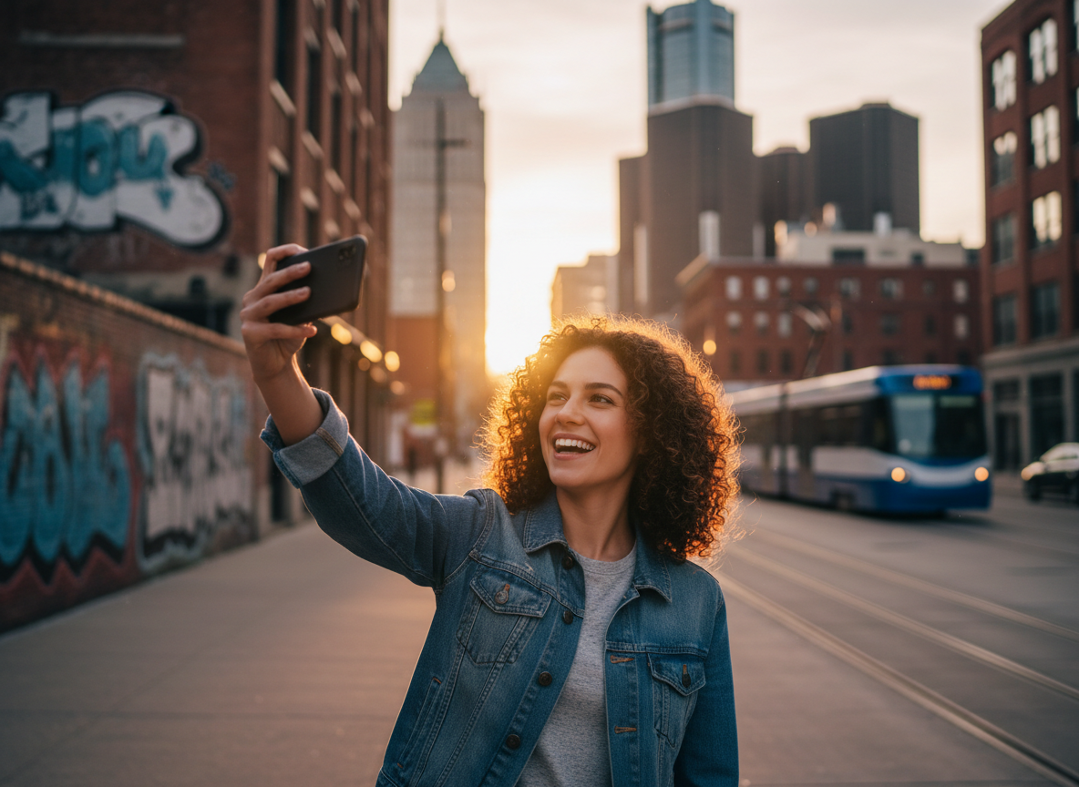 Michigan content creator filming social media content in a city setting