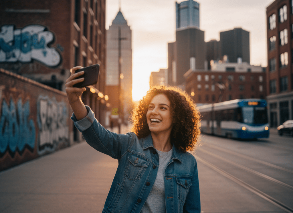 Dynamic candid photograph of a confident young Michigan content creator holding a smartphone up, filming themselves, in an urban Detroit setting with warm natural light, vibrant energetic mood, lifestyle photography, shallow depth of field