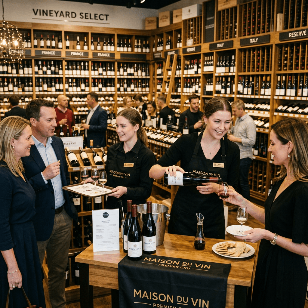Wine tasting event with staff pouring wine and guests sampling in a retail store