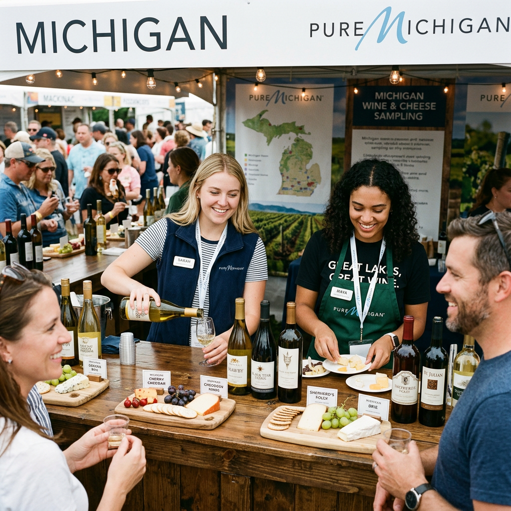 Two women serving wine and cheese samples to smiling guests at a Michigan wine and cheese tasting booth.