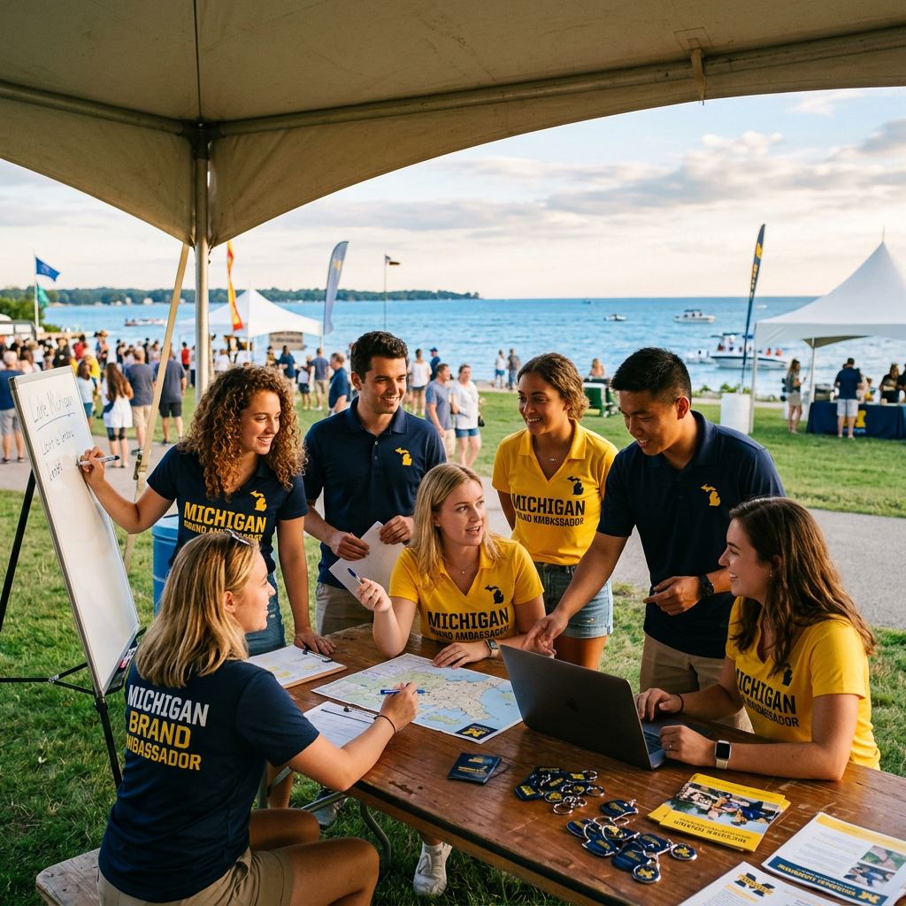 Group of Michigan Brand Ambassadors planning and discussing at an outdoor event booth by a lakeshore