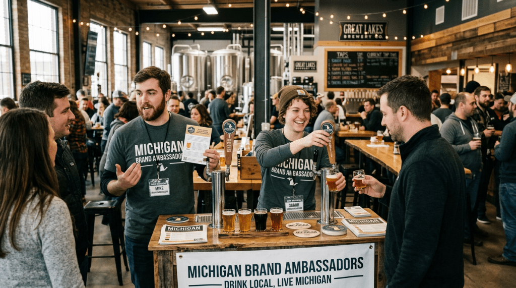 Two Michigan Brand Ambassadors serving and describing craft beers to visitors at a brewery tasting event.