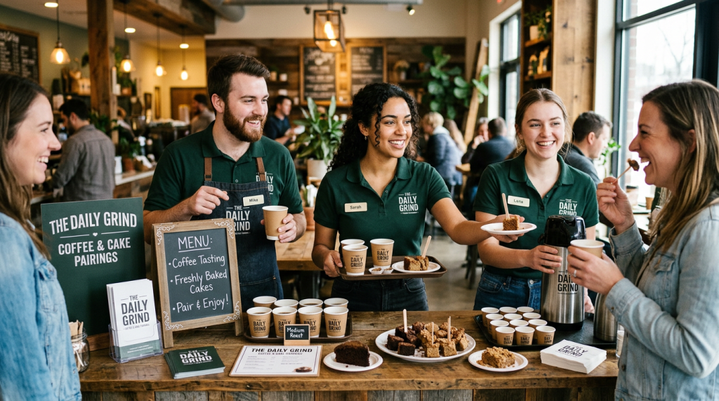 Baristas offering coffee and cake samples to customers at a cafe counter