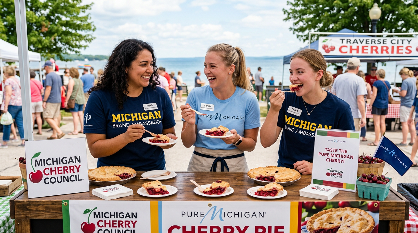 Three women serving and eating cherry pie at a Pure Michigan cherry pie tasting event