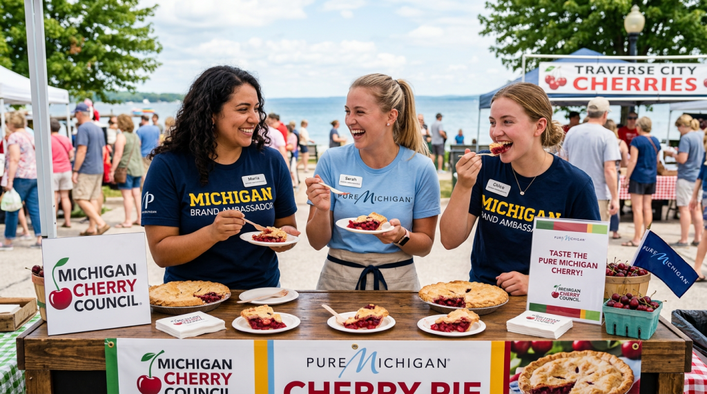 Three women serving and eating cherry pie at a Pure Michigan cherry pie tasting event