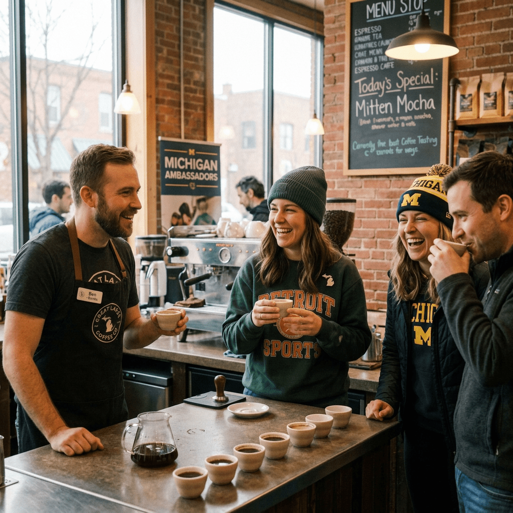 Barista and woman talking in coffee shop with phone on tripod recording