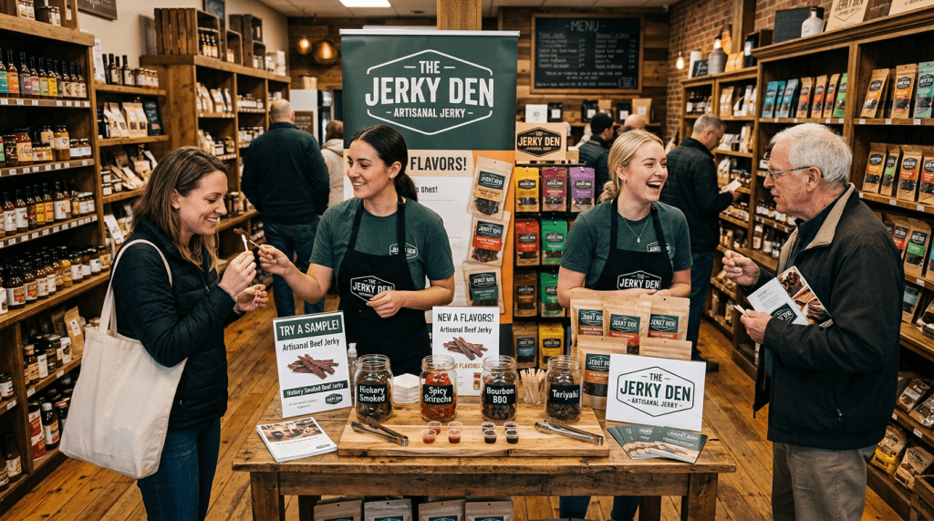 Two women offering beef jerky samples to a woman and an older man inside a specialty food store