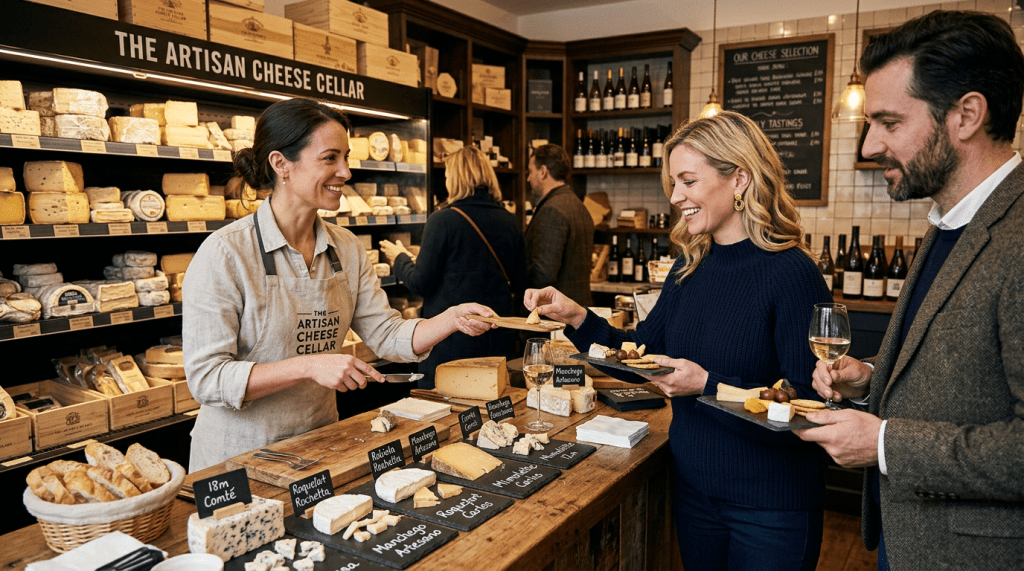 Cheese sampling at upscale cheese shop
