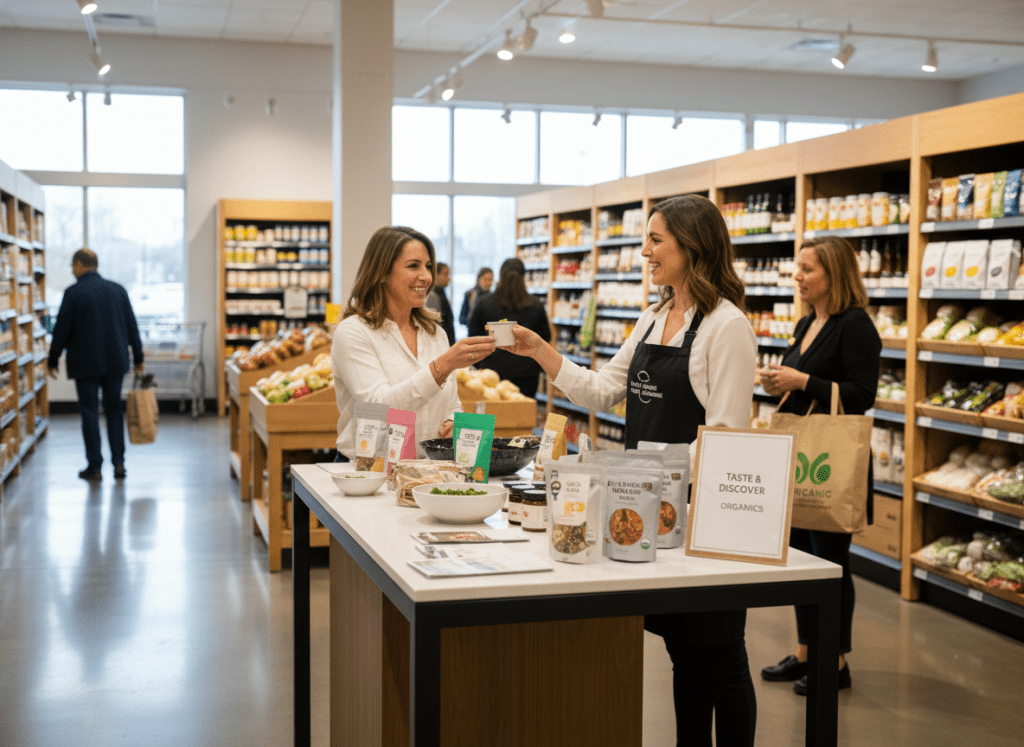 Professional brand ambassador woman smiling at an in-store product demo table in a bright modern grocery store, offering samples to a customer, warm natural lighting, upscale retail environment, candid marketing photography