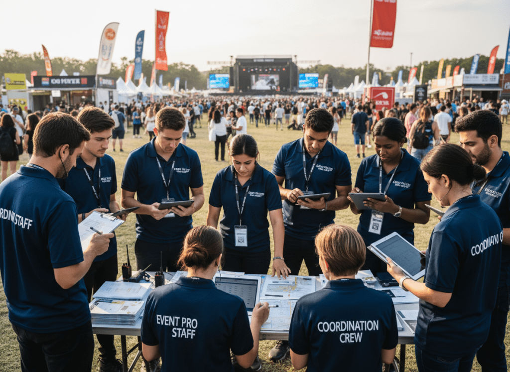 Behind-the-scenes of a promotional staffing team coordinating at a large event, people in matching branded shirts with lanyards, tablets and clipboards, professional and organized atmosphere, natural daylight