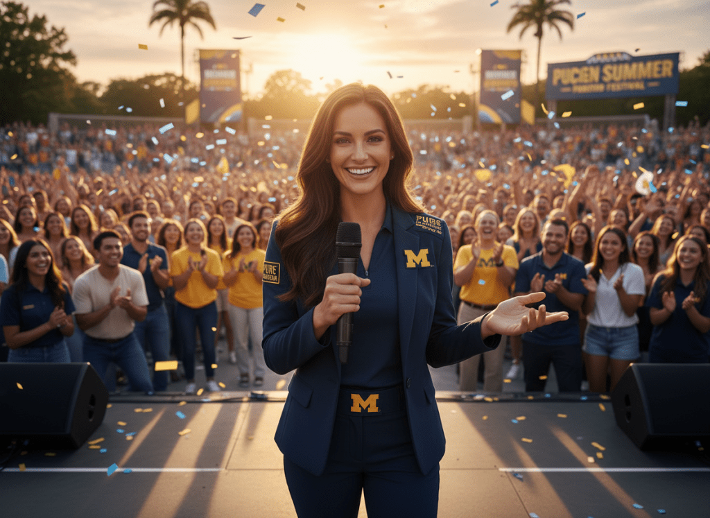 A professional, dynamic photo of a confident brand ambassador at a Michigan event — smiling, engaging with people, wearing branded attire, energetic crowd in the background, warm Michigan summer lighting, sleek and polished commercial photography style