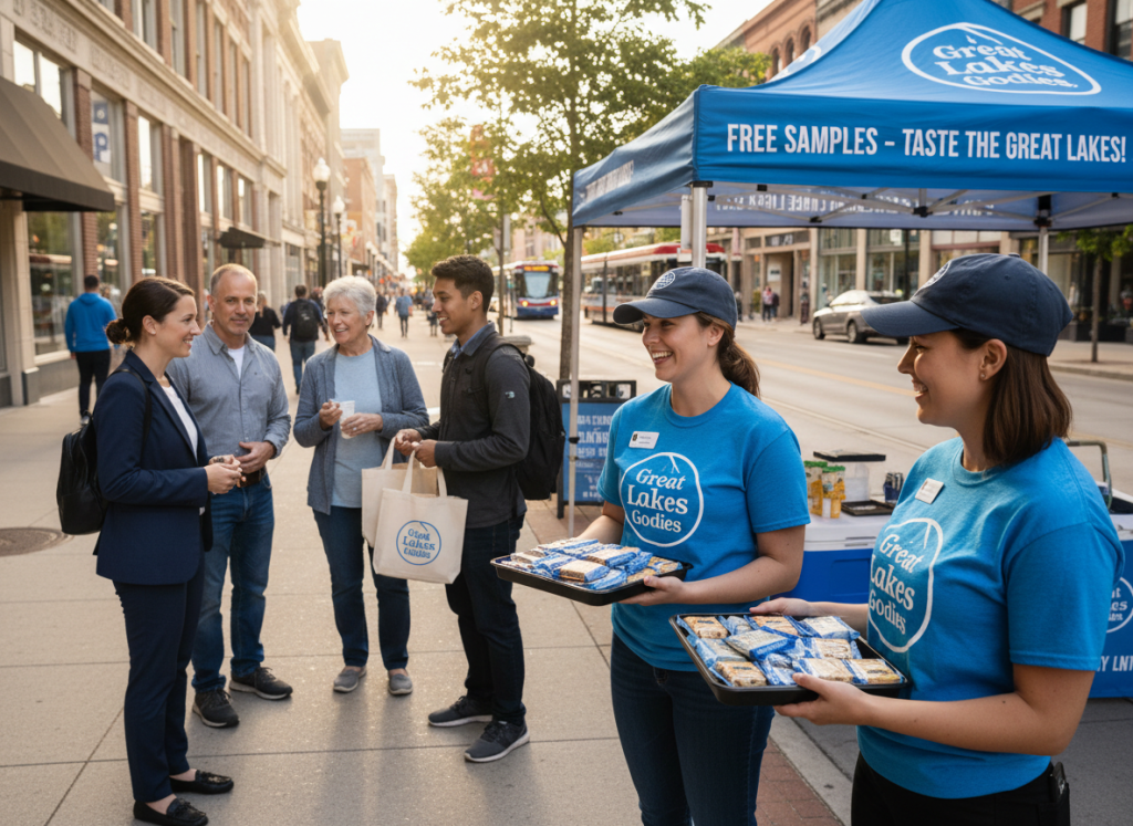 Street team product sampling activation outdoors in a Michigan downtown setting, brand ambassadors handing out samples to pedestrians